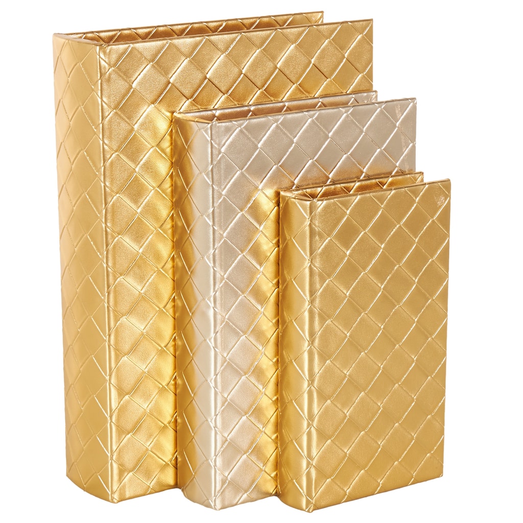 Faux Leather Geometric Metallic Textured Diamond Faux Book Storage Box - Set of 3 Gold - Roche River Decor