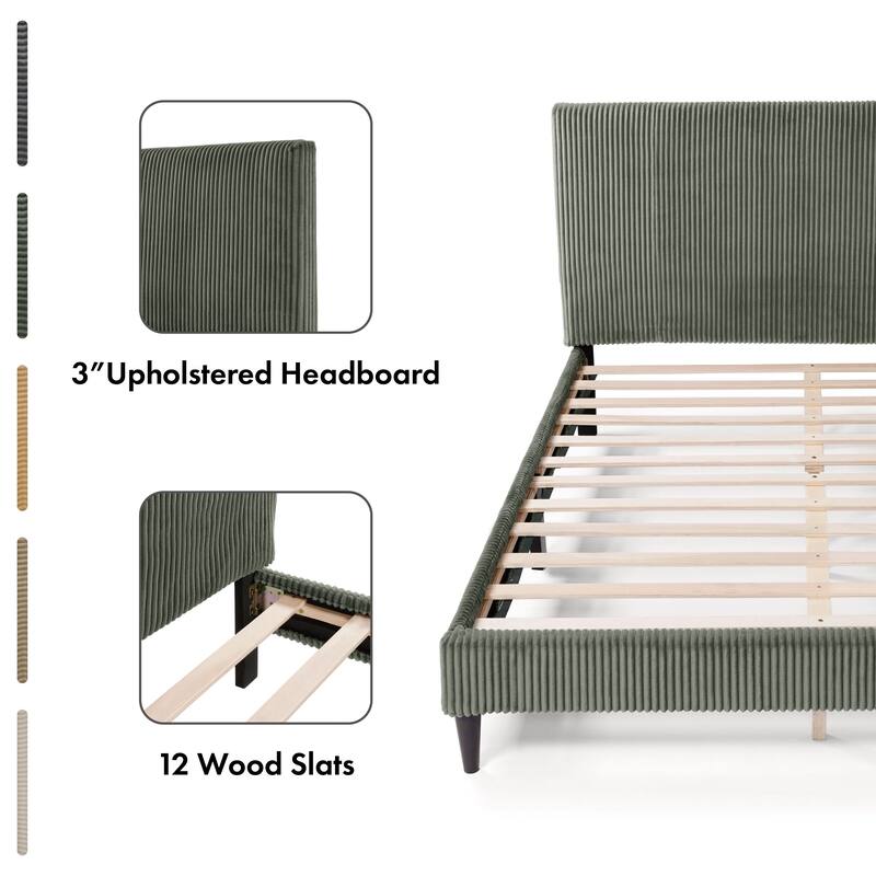 Furniture of America Modern Corduroy Queen Size Platform Bed, No Box Spring Needed