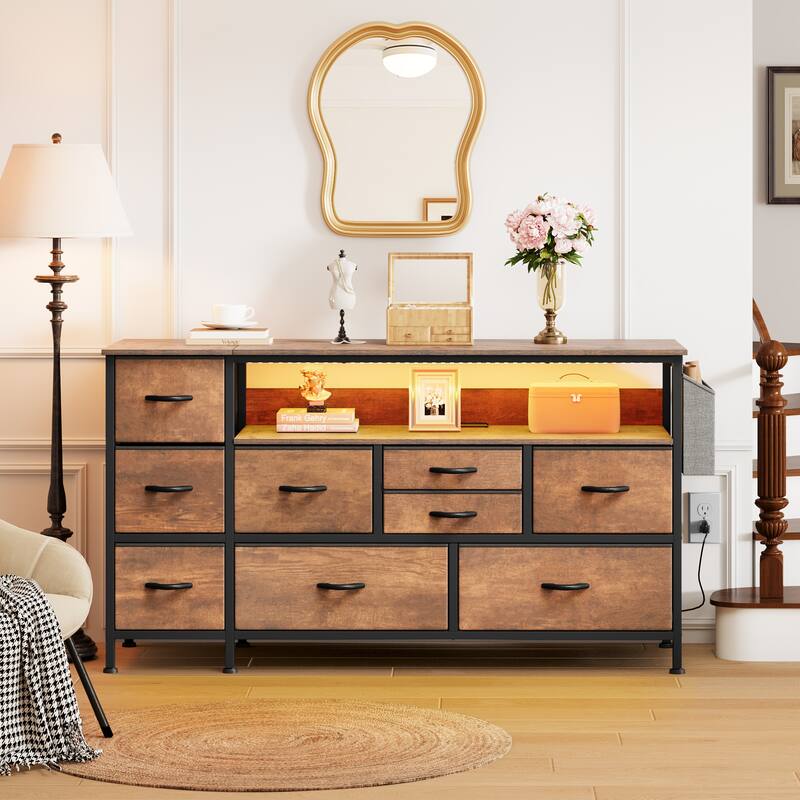 Moasis 50"W 9-drawer Fabric Dresser, Media Console, TV Stand with Outlets, RGB Lights