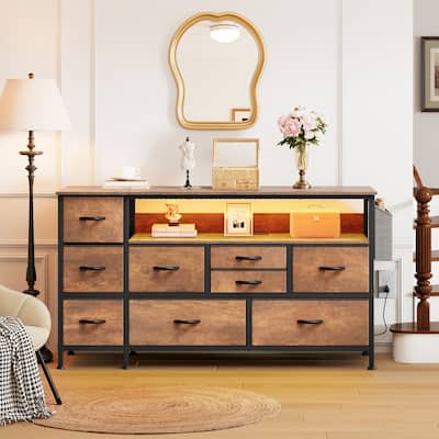 Moasis 50"W 9-drawer Fabric Dresser, Media Console, TV Stand with Outlets, RGB Lights