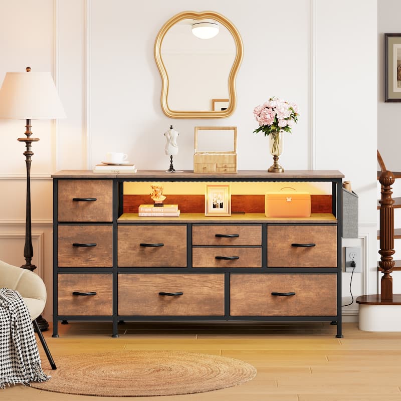 Moasis 50"W 9-drawer Fabric Dresser, Media Console, TV Stand with Outlets, RGB Lights