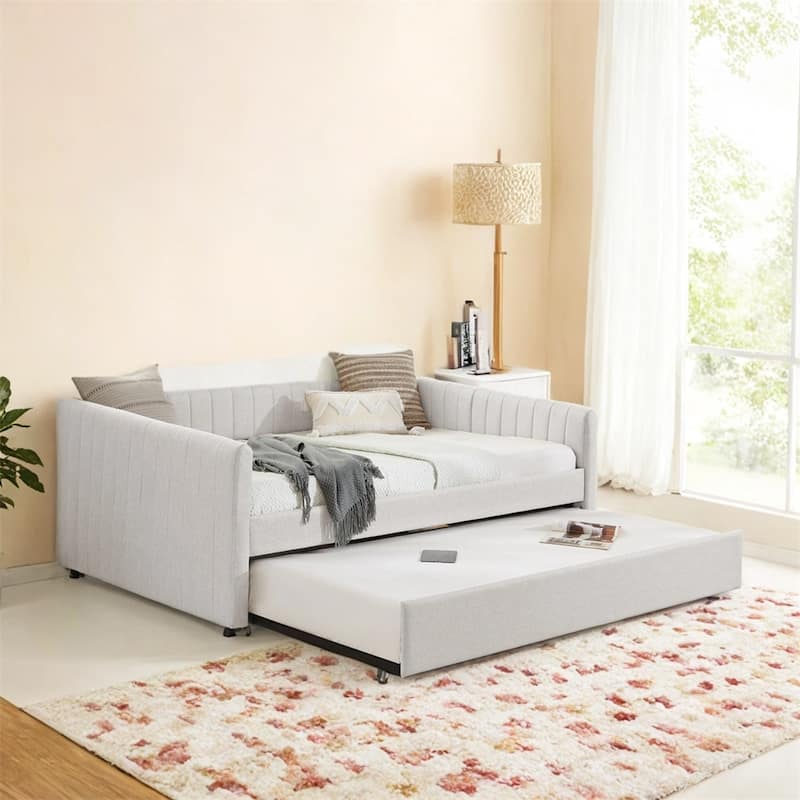 Full Size Daybed with Trundle Upholstered Sofa Bed,w/Vertical Stripes
