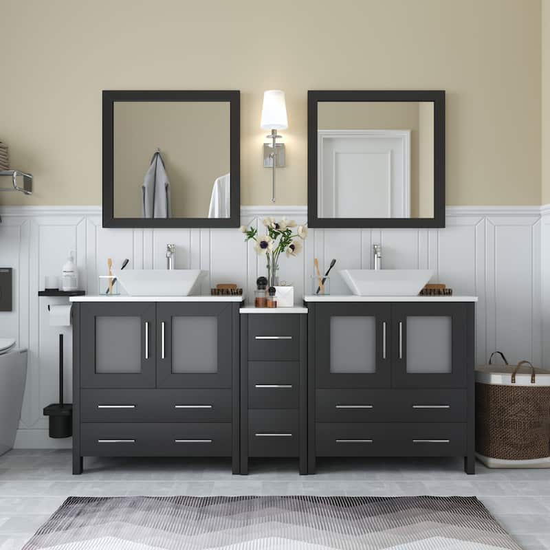 Vanity Art 72" Double Sink Bathroom Vanity Set with Engineered Marble Top Free Mirror - 72 x 18.5 x 36 Inches - Espresso
