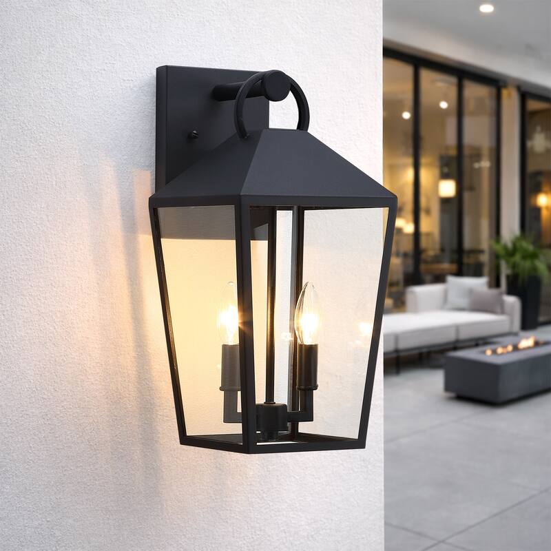 2-Light Outdoor Wall Lantern Sconce - 17.3 in. H - Powder-coated Black