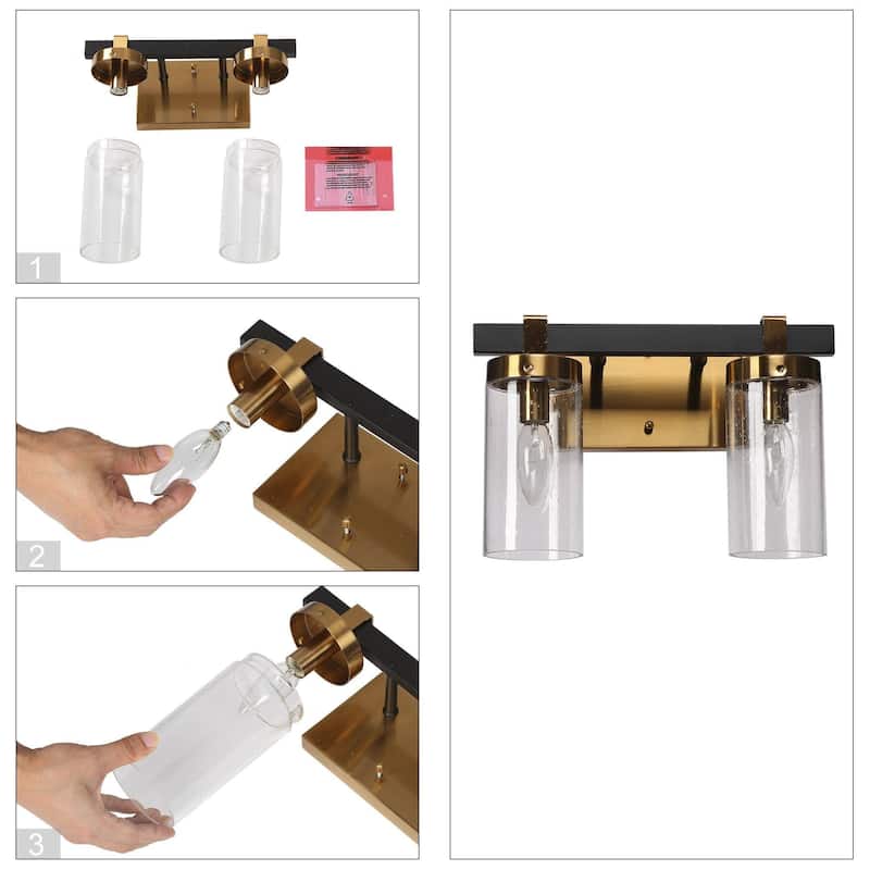 Modern Elegant 3-Light Black Gold Bathroom Vanity Light Dimmable Glass Wall Sconces