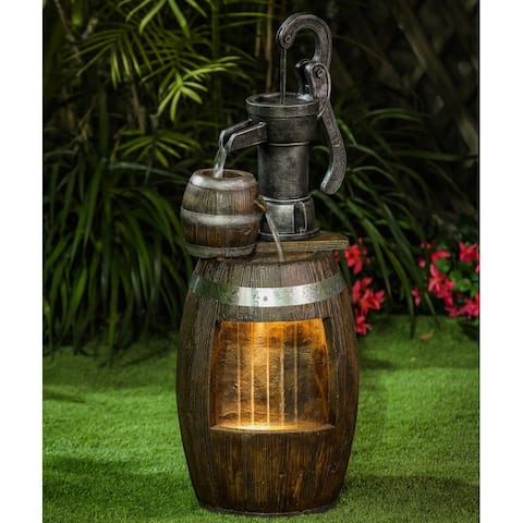 Resin Whiskey Barrels and Water Pump Outdoor Fountain with LED Light