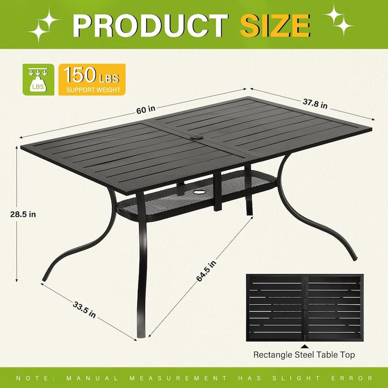 60" x 37" Outdoor Patio Rectangular Metal Slatted Dining Table with Umbrella Hole for 6 Person