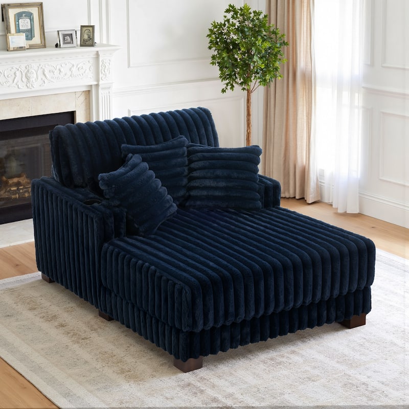 41.7" W Upholstered Plush Corduroy Chaise Lounge withe Pillows - Navy
