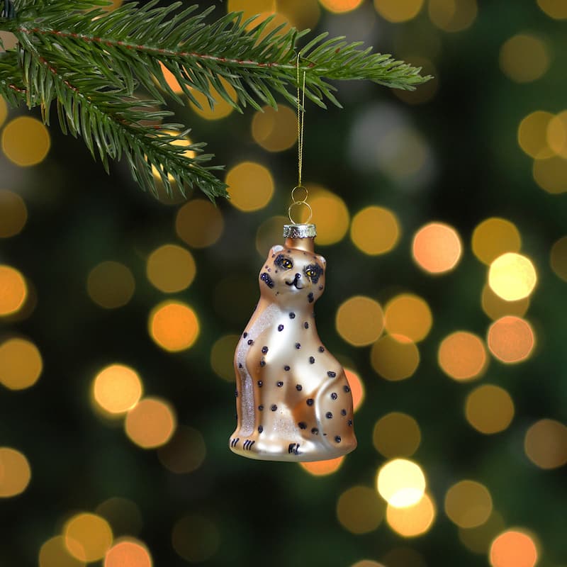 Standing Leopard Glass Christmas Ornament - 4" - Black and Orange