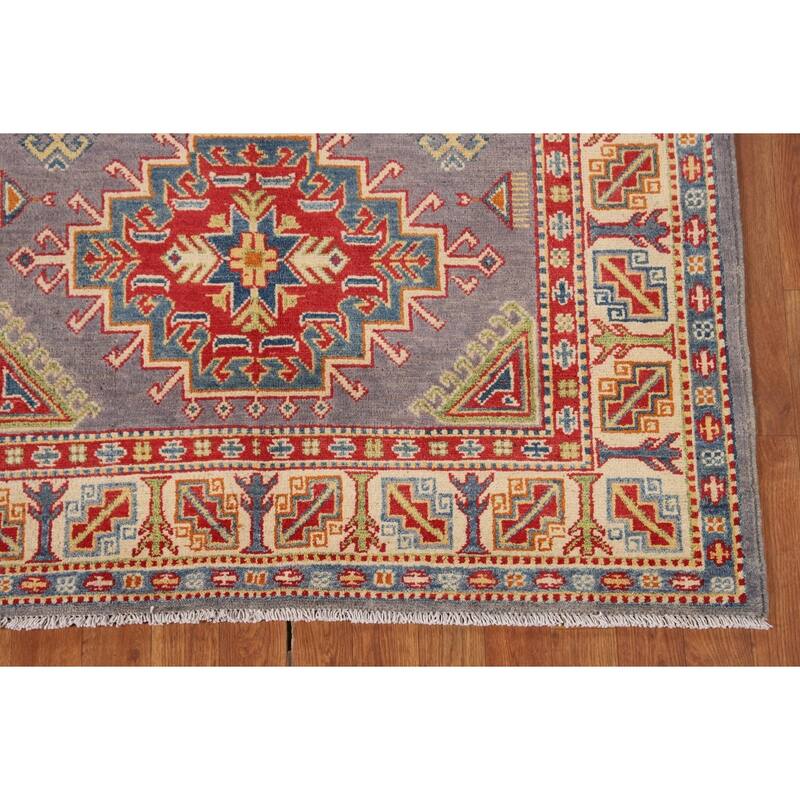 Grey Geometric Kazak Area Rug Handmade Oriental Wool Carpet - 4'1" x 6'2"