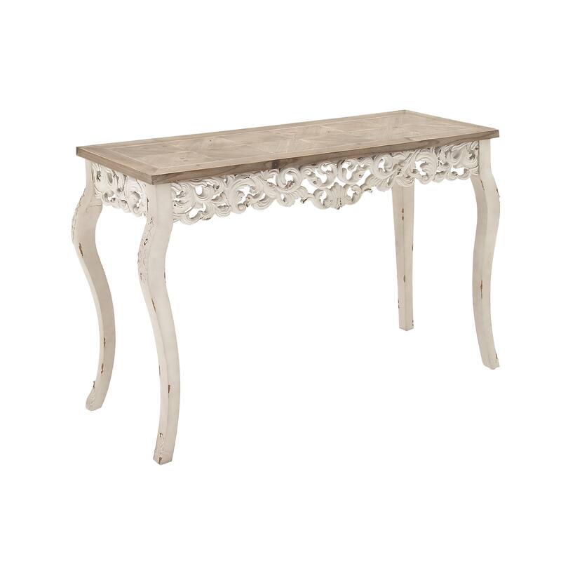 White Wood Intricately Carved Scroll Console Table with Brown Wood Top