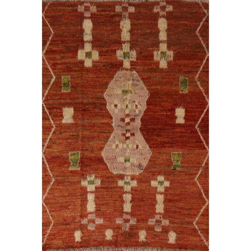 Hand Knotted Oriental 100% Wool Carpet Modern Tribal Oranges & Rust Moroccan Area Rug - 7' 8'' X 5' 6''