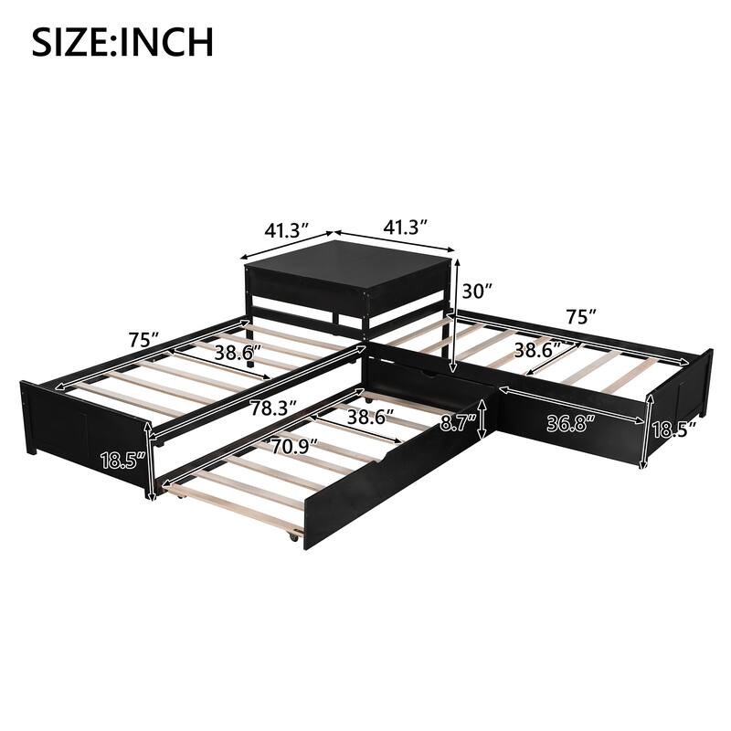 L-Shaped Platform Bed With Trundle And Drawers Linked With Built-In Desk,Twin