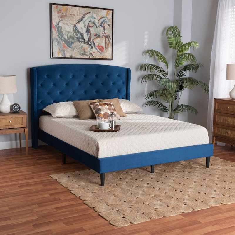 Joanna Modern and Contemporary Velvet Fabric Upholstered and Dark Brown Finished Wood Platform Bed