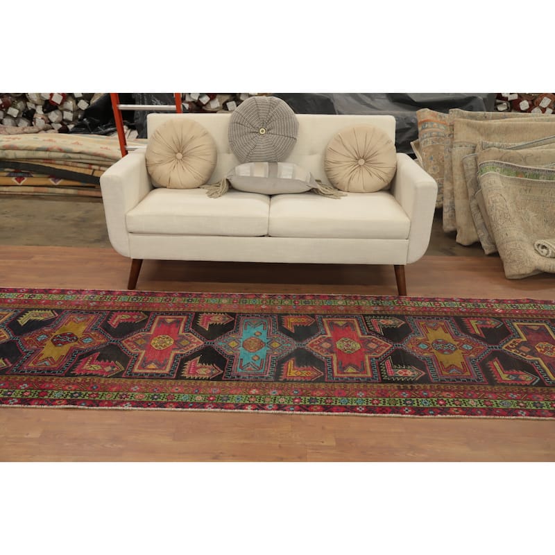 Hand Knotted Oriental 100% Wool Carpet Traditional Geometric Black Ardebil Runner Rug - 10' 9'' X 3' 4''