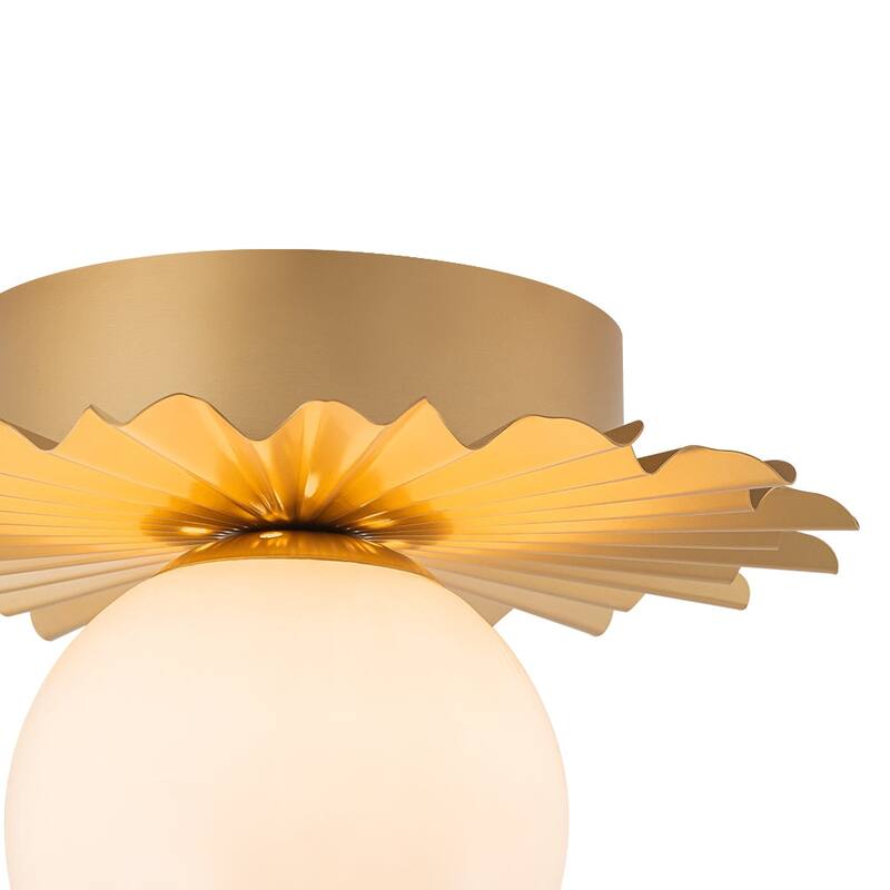 Art Deco Gold Sunburst 1-Light Milky Glass Globe Semi Flush Mount