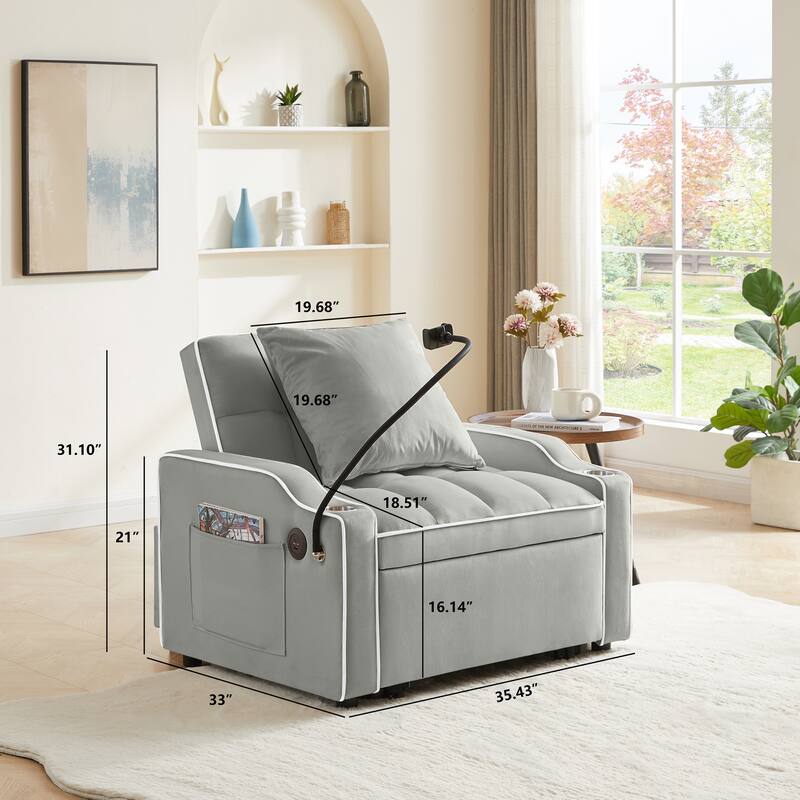 Convertible Pull-Out Chair Bed with USB Ports, Adjustable Backrest & Cup Holder