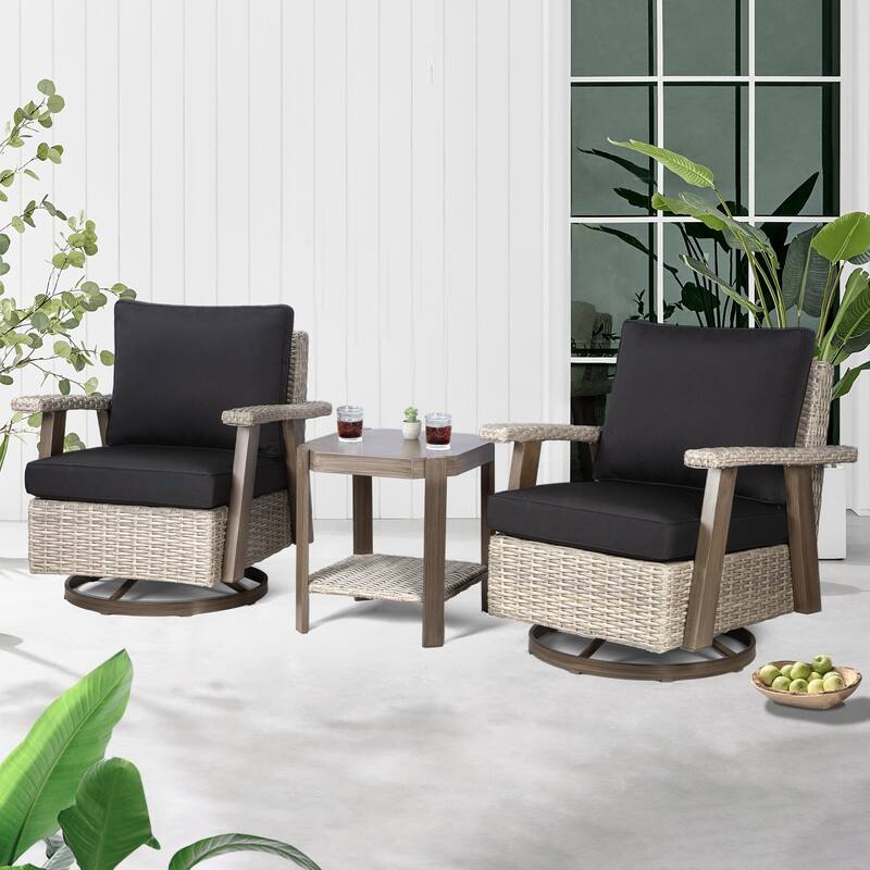Cozywor 3-Piece Wicker Patio Swivel Rocking Chair Conversation Set