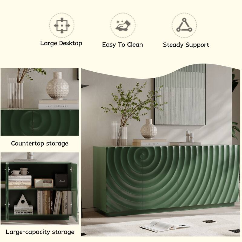 Rossetta Mid Century Modern 4-Door Wooden Exquisite Spiral-Wave Texture Cabinet with Soft-Close Hinges