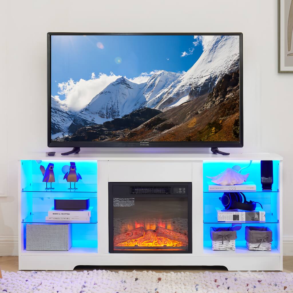 TV Stand Electric Fireplace Glass Shelves, 3D Fireplace TV Stand with LED Lights Wood with USB Charging Outlet
