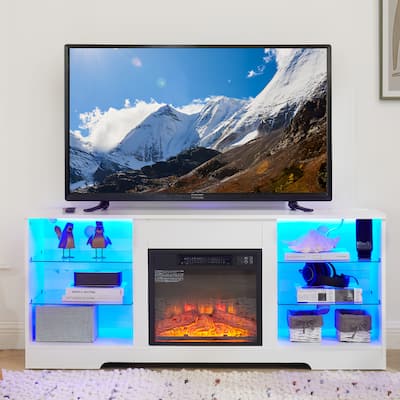White 58" Fireplace TV Stand with Glass Shelves, LED Lights and USB Charging Outlet for TVs Up to 62"