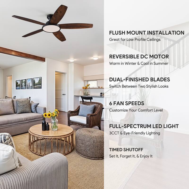 5 - Blade Low Profile Flush Mount Modern Ceiling Fan with 3CCT LED Light and Remote