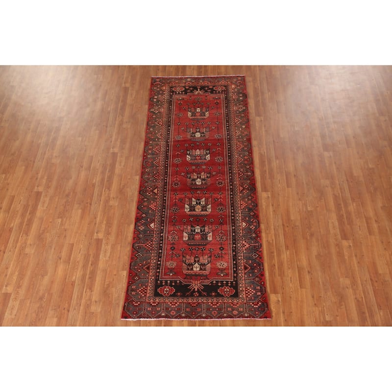 Geometric Hamedan Persian Vintage Runner Rug Hand-Knotted Wool Carpet - 3'9"x 9'5"