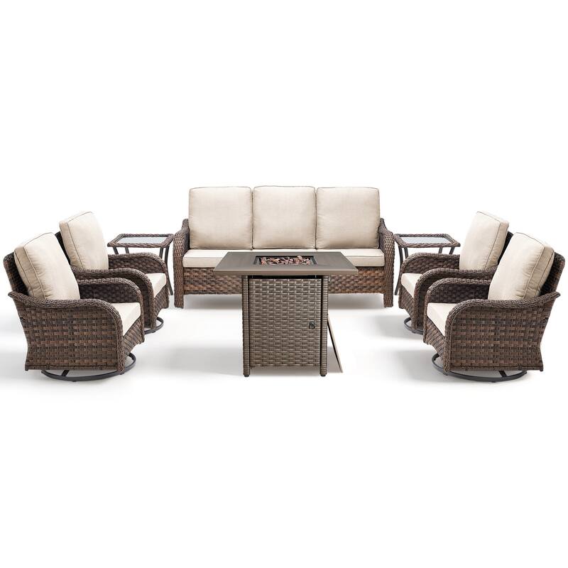 Pocassy Patio Funiture Sofa Swivel Chair Ottoman with Fire Table Set