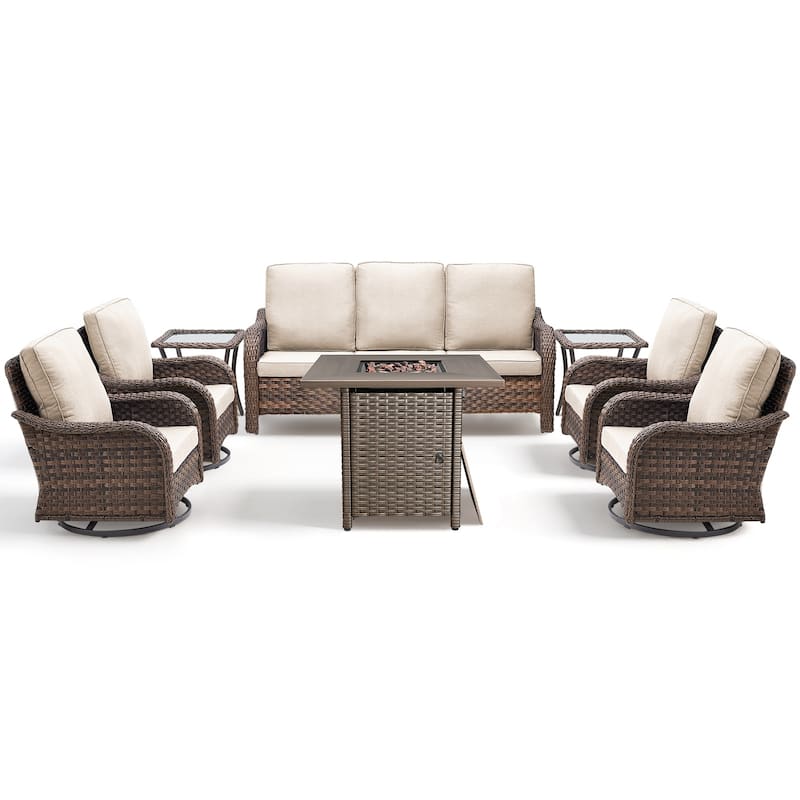 Pocassy Patio Sofa Swivel Chair with Fire Table Funiture Set