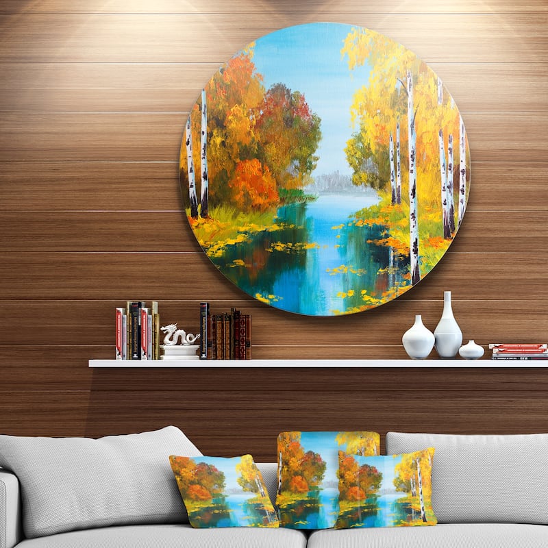 Designart 'Birch Forest near the River' Landscape Glossy Large Disk Metal Wall Art