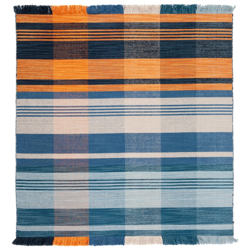 SAFAVIEH Striped Kilim Siofra Wool Fringe Rug - 6' Square - Orange/Blue