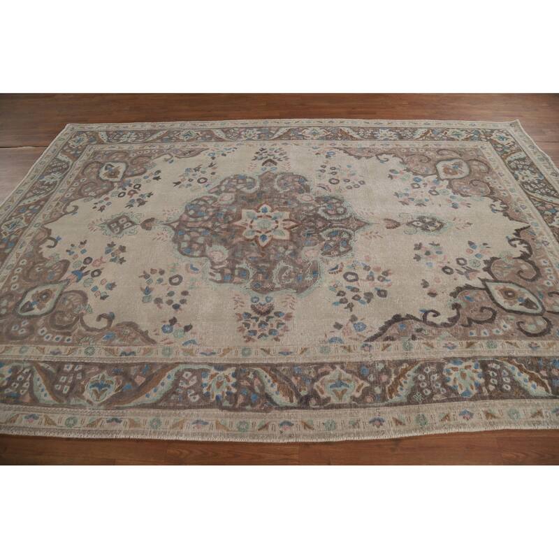 Floral Tabriz Persian Rug Hand-Knotted Traditional Beige Wool Carpet - 6'8"x 10'0"