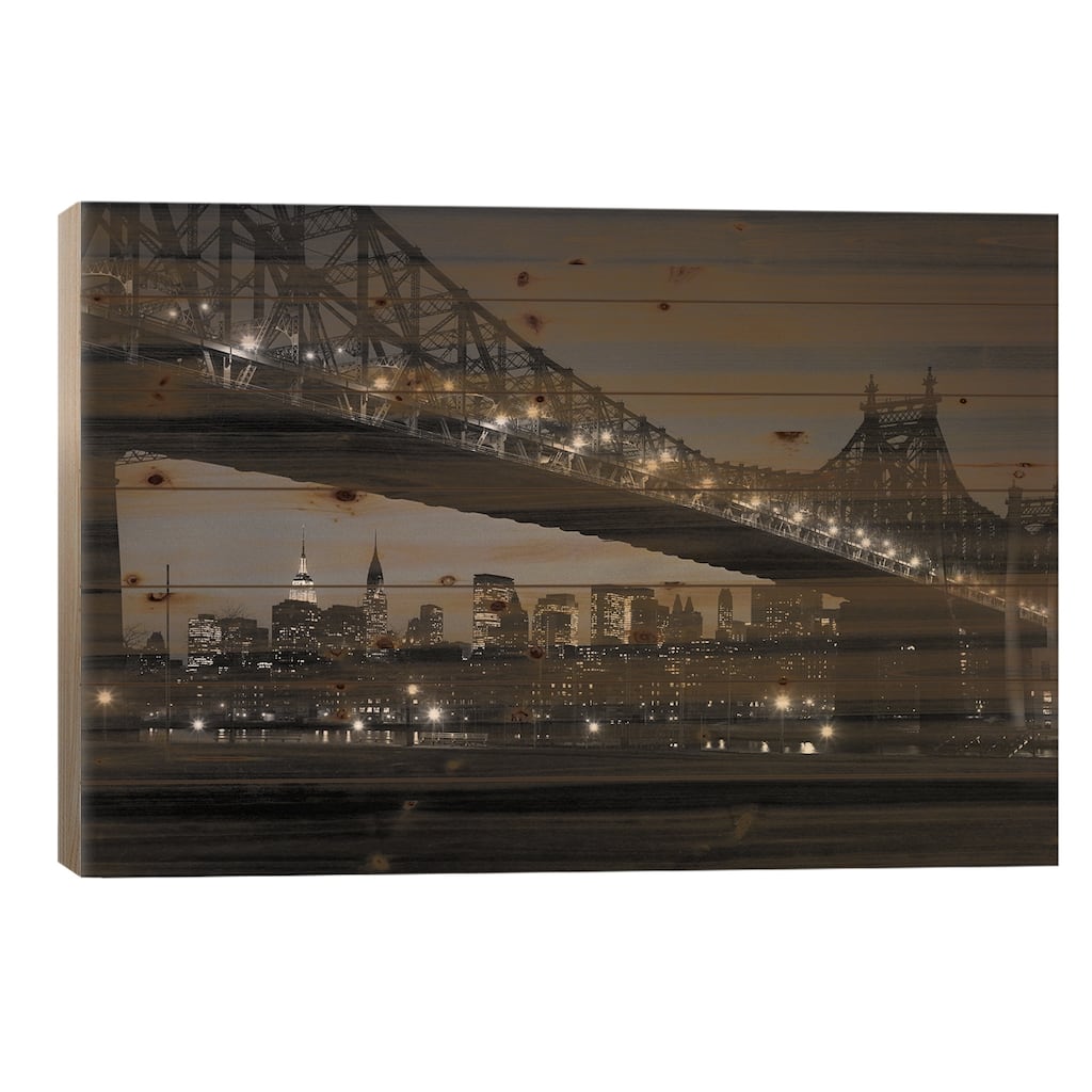 1960s Queensboro Bridge And Manhattan Skyline At Night New York City NY USA Print On Wood by Vintage Images - Multi-Color