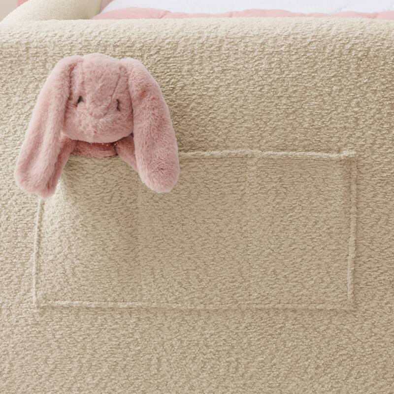 Roomfitters Twin Upholstered Platform Bed with Rabbit Ear Headboard, Safety Rail and Side Pocket, Boucle Fabric