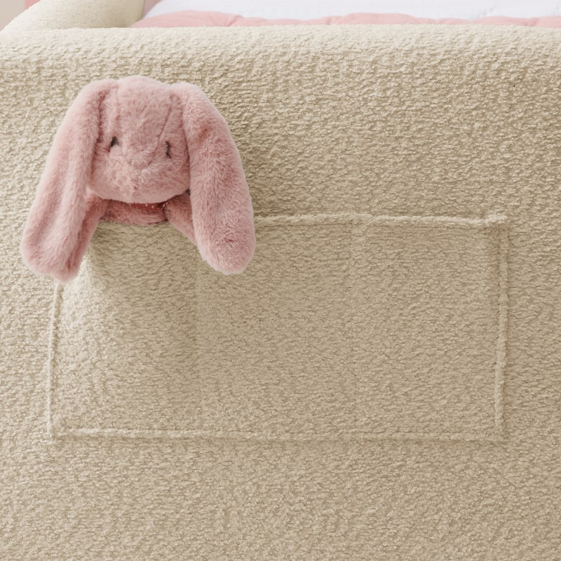 Twin Size Platform Bed Upholstered Bed with Safety Rail and Pocket, Kids Bed with RabbitEar, Skin-friendly Boucle Fabric