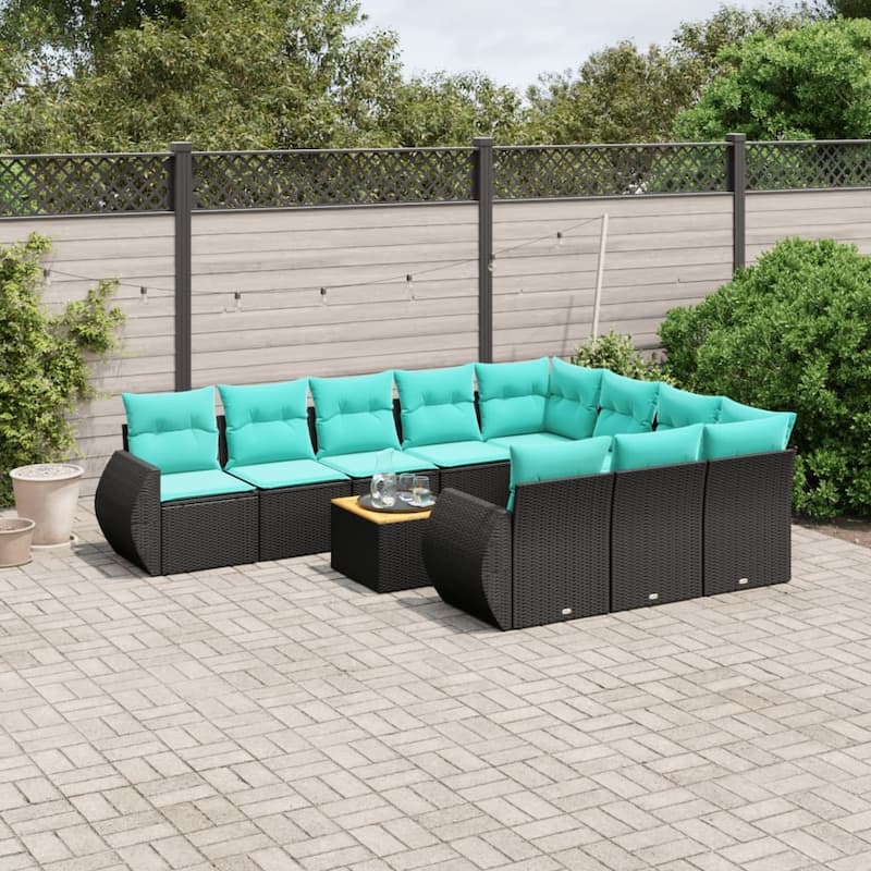 vidaXL Patio Sofa Set with Cushions Outdoor Furniture 11 Piece Poly Rattan - 24.4x 24.4x 27.2 - Black-2x corner+6x middle+table+2x sofa