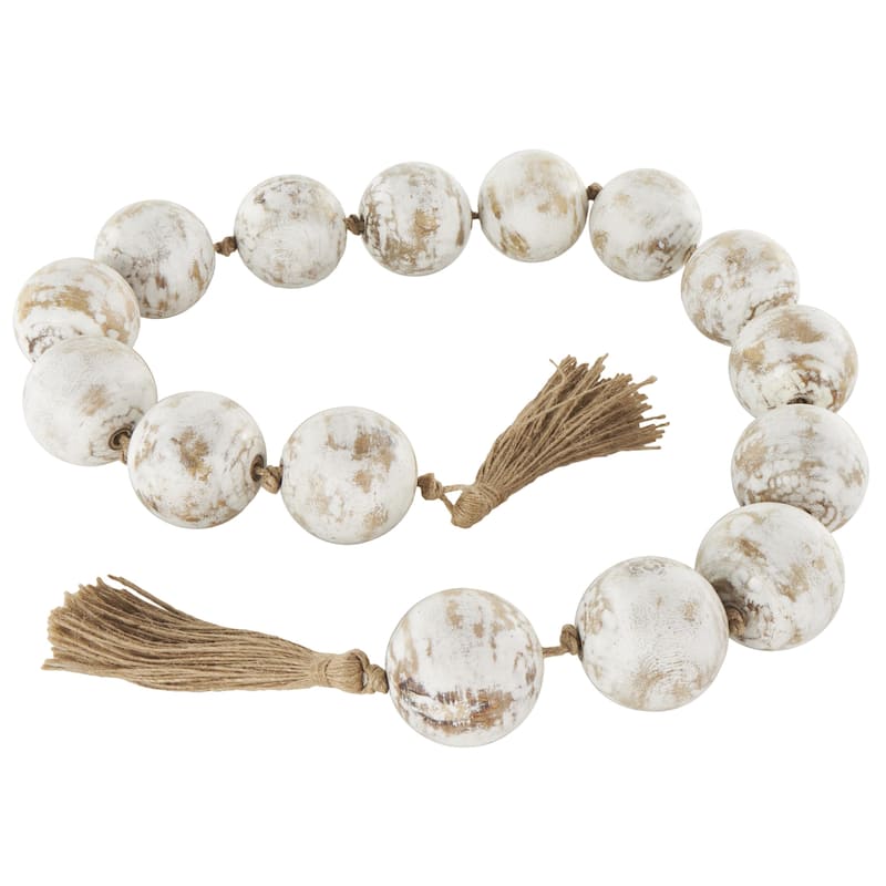 Mango Wood Handmade Round Extra Long Washed Orb Garland with Tassel - Brown, Black or White - Roche River Decor - White