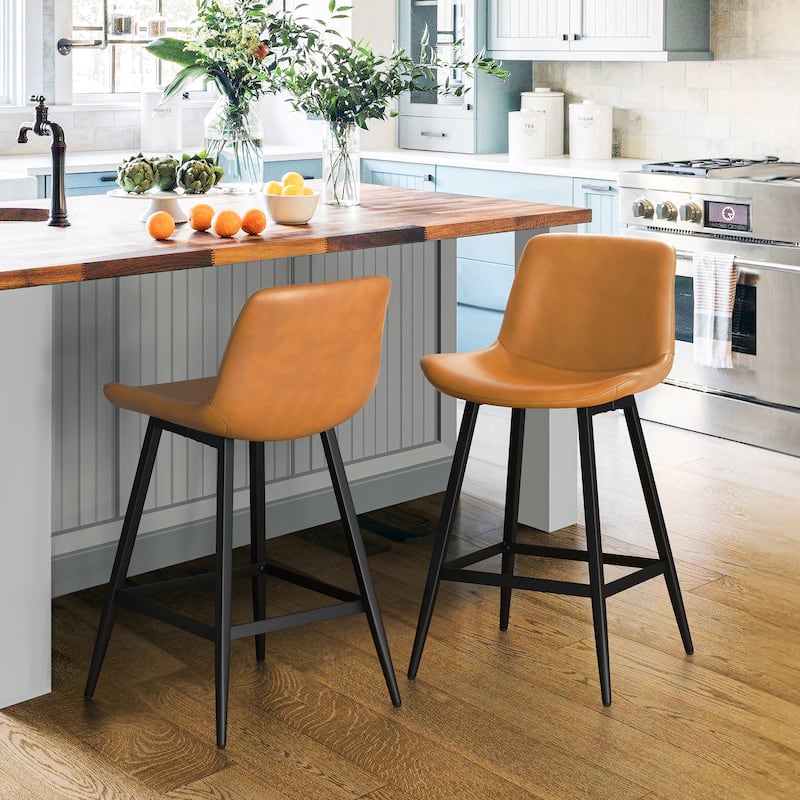 Modern Industrial Counter Stools Faux Leather Upholstered Counter Height Bar tools with Back - Set of 2 - Whiskey Brown-24 in. - Counter Height