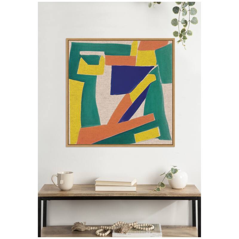 Kate and Laurel Sylvie Retro Refresh Painterly Shapes Neutral Linen Framed Canvas by The Creative Bunch Studio