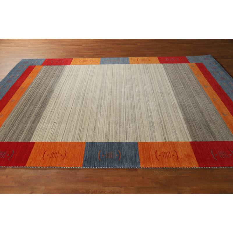 Hand Knotted Oriental 100% Wool Carpet Tribal Bordered Beige & Ivories Gabbeh Area Rug - 9' 9'' X 6' 8''