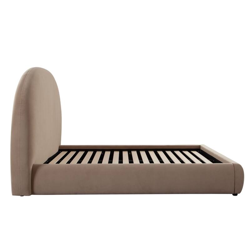 Feny King Size Bed w Arch Headboard, Camel Brown Velvet Upholstery