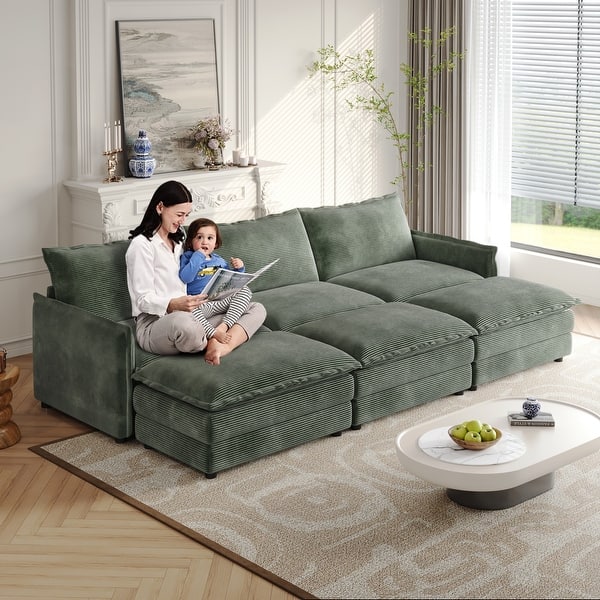 3-seater Cloud Sofa Corduroy Upholstered Sectional Couch with Ottoman - Bed Bath & Beyond