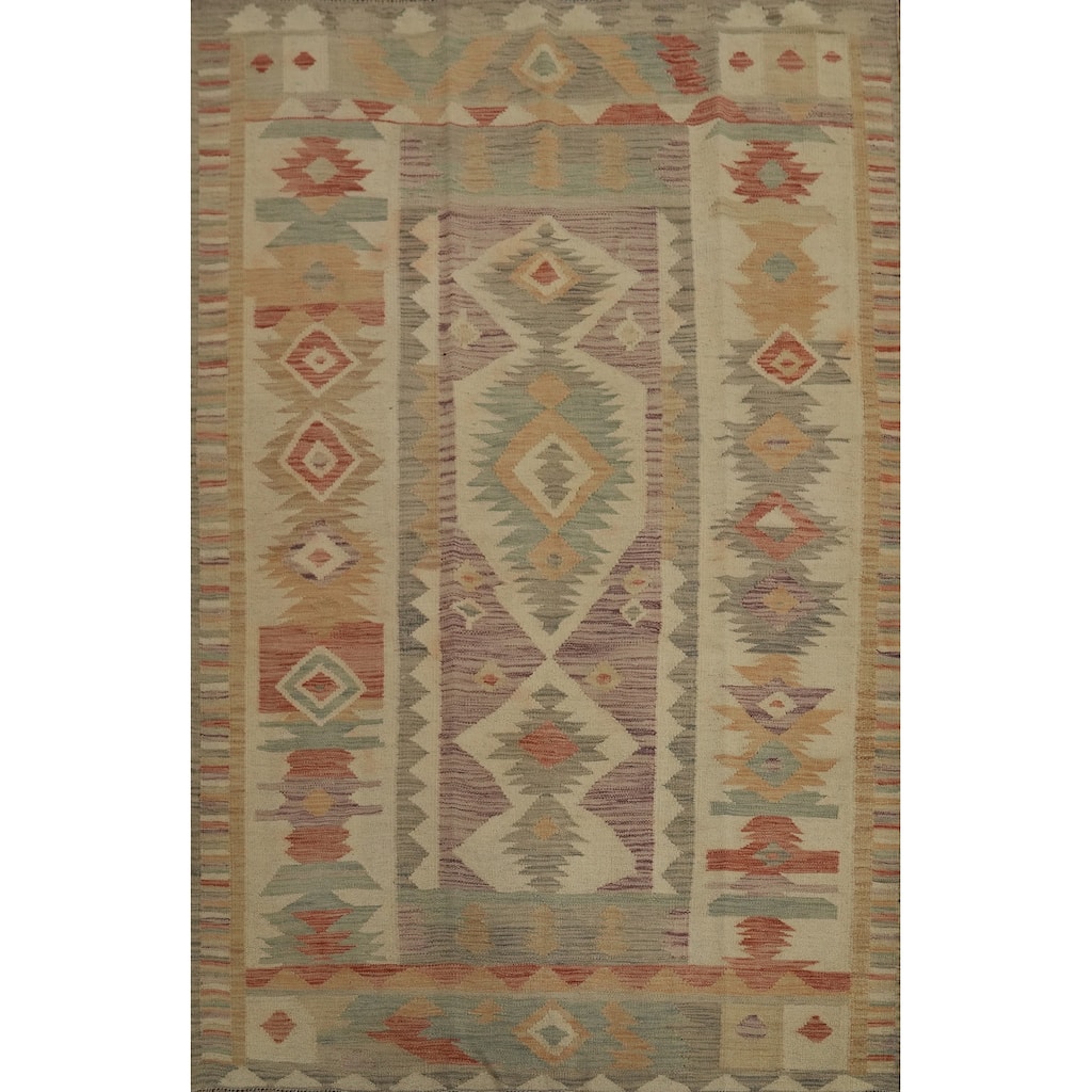 Hand Woven Oriental 100% Wool Carpet Southwestern Tribal Beige & Ivories Kilim Area Rug - 6' 11'' X 5' 0''