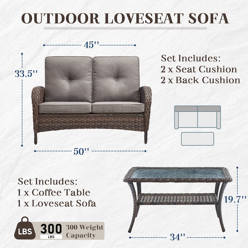 Patio Sofa Outdoor Loveseat with Coffee Table - Brown
