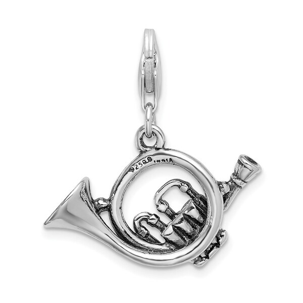 Sterling Silver 3-D Antiqued French Horn w/Lobster Clasp Charm Pendant