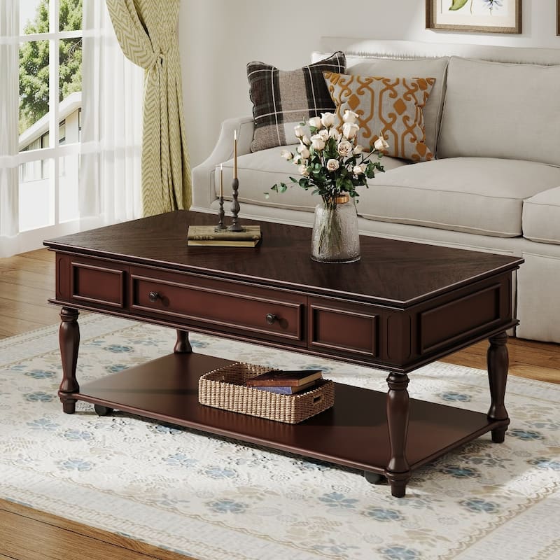 Farmhouse Coffee Table with One Drawer,Solid Wood Legs and Lockable Wheels - Espresso