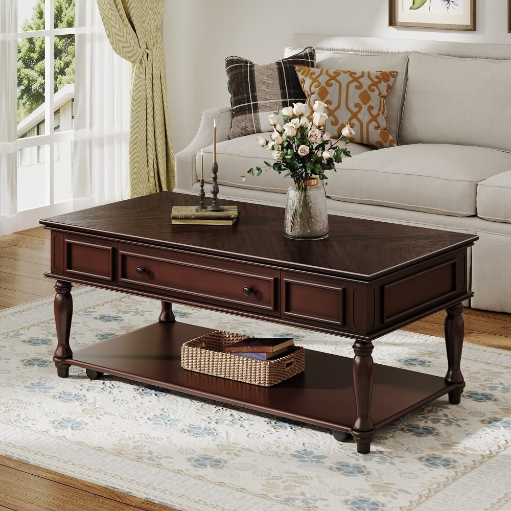 Farmhouse Coffee Table with One Drawer,Solid Wood Legs and Lockable Wheels