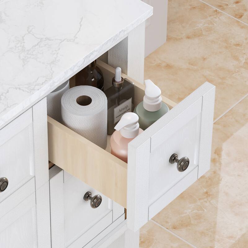 48" Bathroom Vanity with Sink, Marble Countertop Single Bathroom Vanity with 6 Drawers, White
