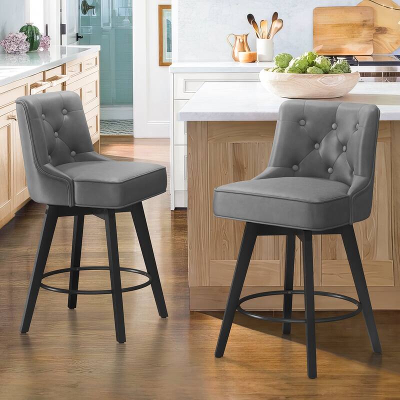 26 in. Counter Height Stool Modern Upholstered Swivel Set of 2 Bar Stools with Back - Dark Grey/Faux Leather - Counter Height