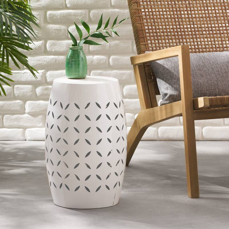 12.25" Modern Round Side Table with Barrel Structure and Iron-cut Design for Living Room or Bedroom